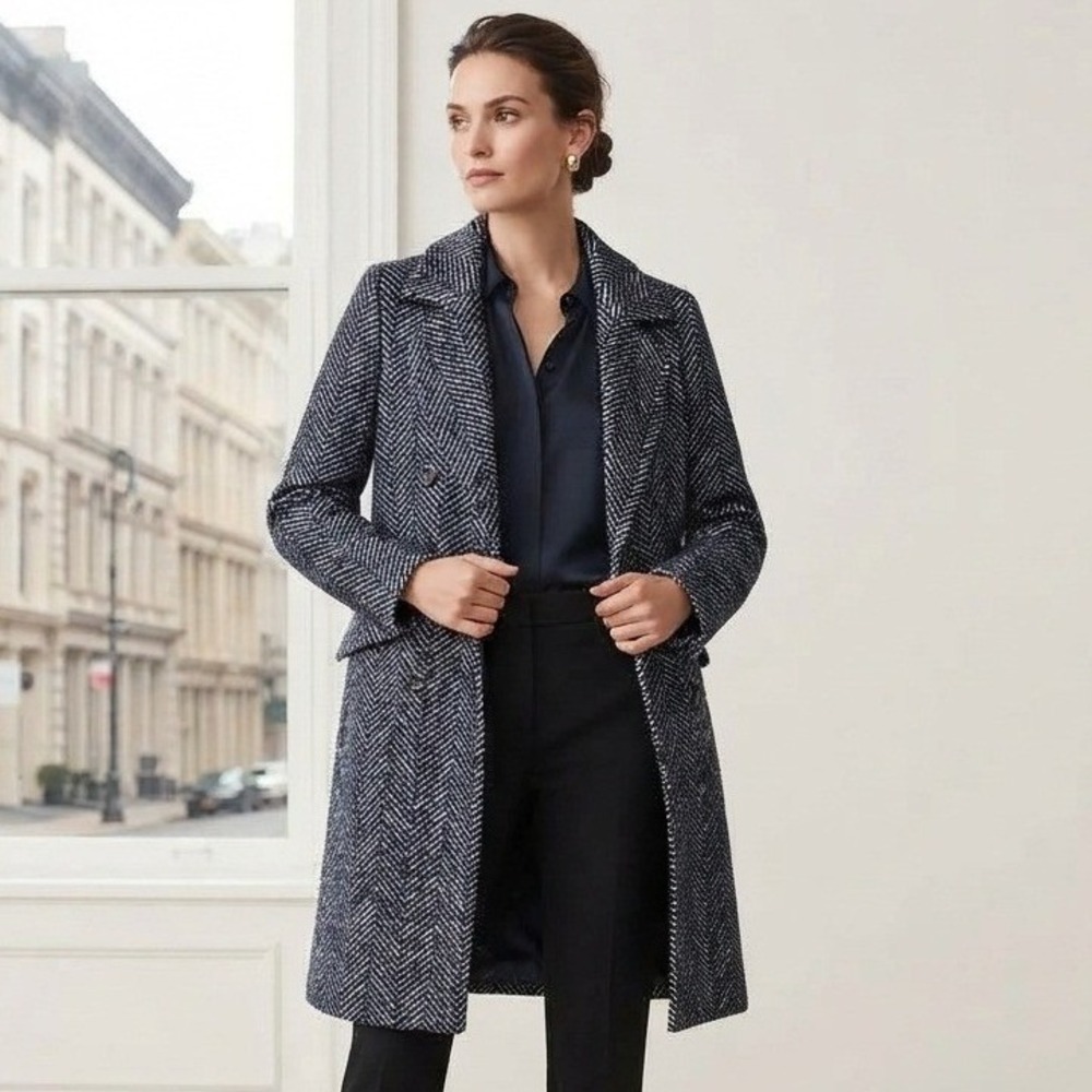 Banana Republic Herringbone Coat Womens Small Navy Wool Blend Double Breasted